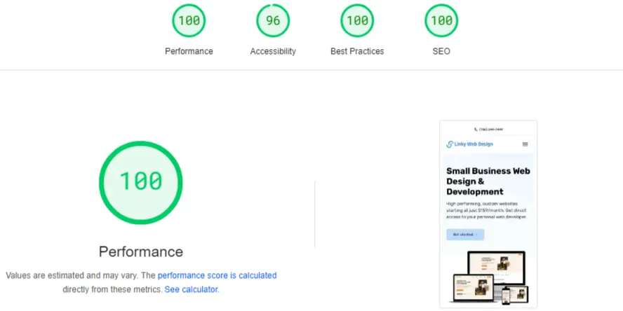 google performance rating for linky web design